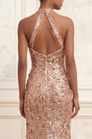 Load image into Gallery viewer, Sparkly Blush Halter Sequin Floral Long Gala Dress with Slit