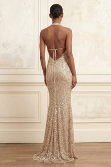 Sparkly Champagne Halter Mermaid Sequin Ruched Long Gala Dress