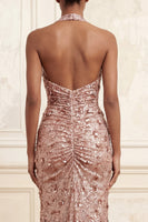 Load image into Gallery viewer, Sparkly Blush Halter Ruched Sequin Long Floral Gala Dress with Slit