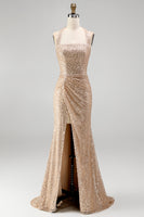 Load image into Gallery viewer, Sparkly Champagne Halter Ruched Sequin Long Gala Dress with Slit