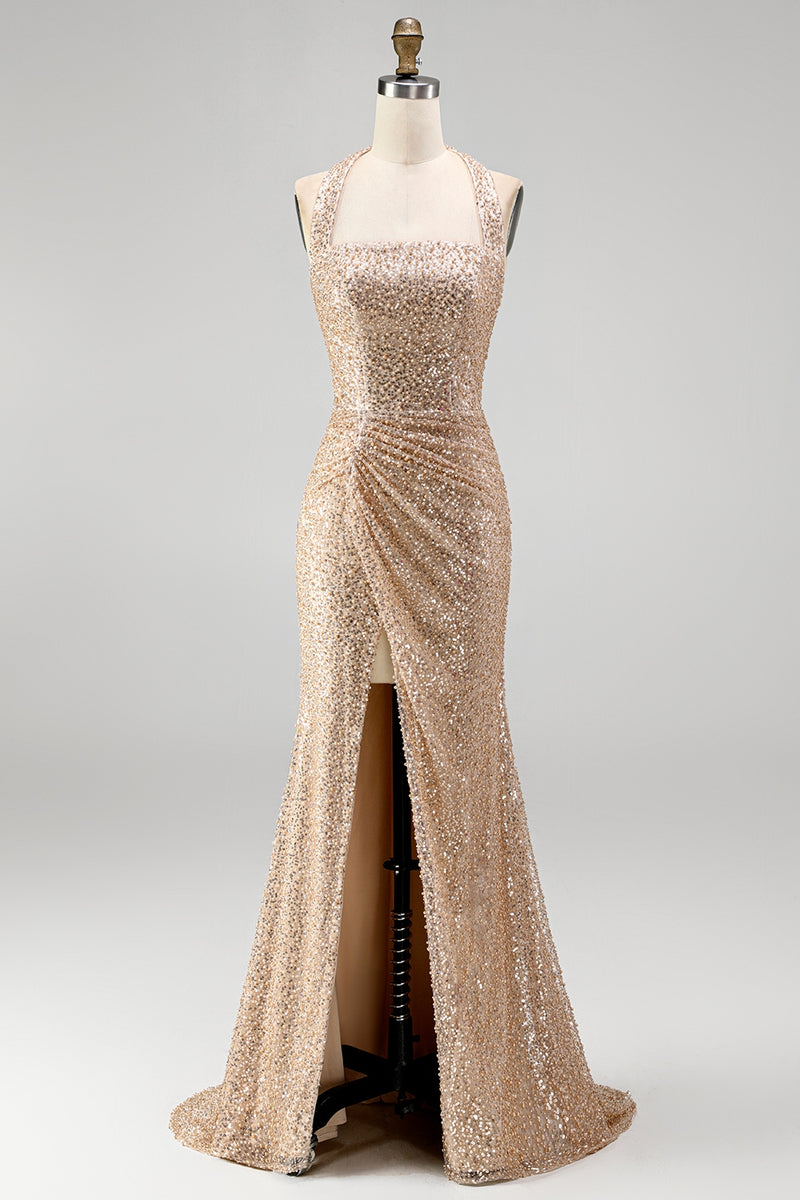 Load image into Gallery viewer, Sparkly Champagne Halter Ruched Sequin Long Gala Dress with Slit