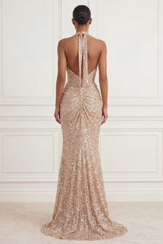 Sparkly Champagne Halter Ruched Sequin Long Gala Dress with Slit