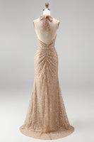 Load image into Gallery viewer, Sparkly Champagne Halter Ruched Sequin Long Gala Dress with Slit