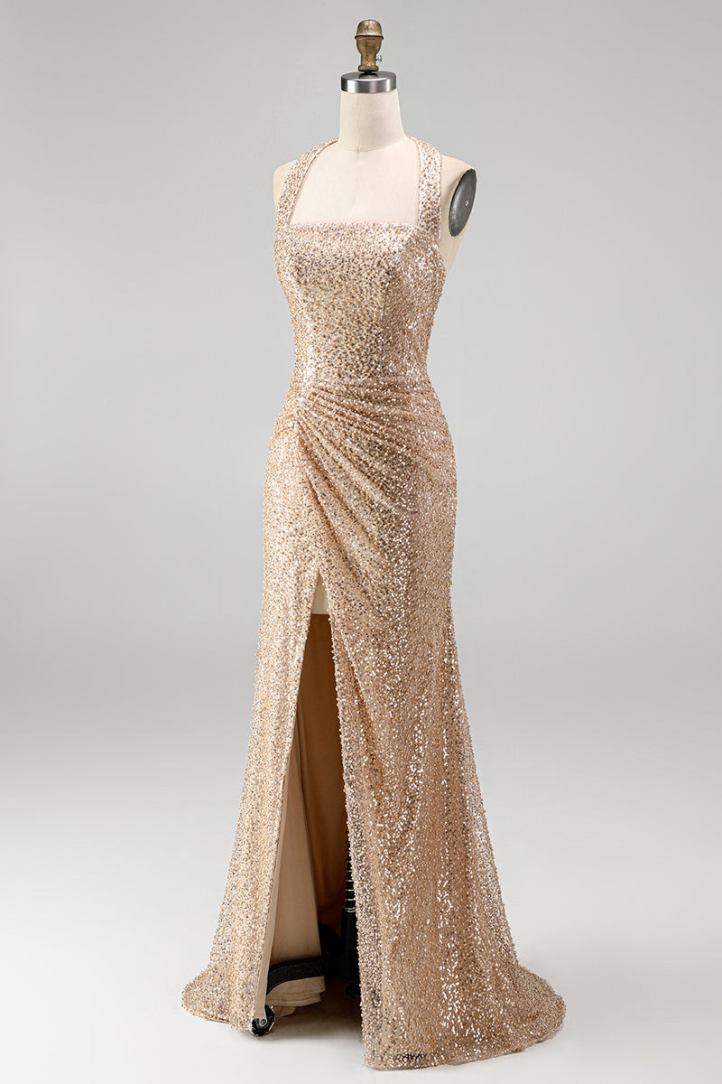 Load image into Gallery viewer, Sparkly Champagne Halter Ruched Sequin Long Gala Dress with Slit