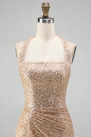 Load image into Gallery viewer, Sparkly Champagne Halter Ruched Sequin Long Gala Dress with Slit