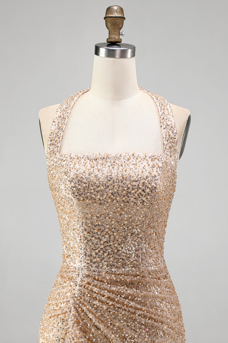 Load image into Gallery viewer, Sparkly Champagne Halter Ruched Sequin Long Gala Dress with Slit