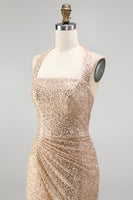 Load image into Gallery viewer, Sparkly Champagne Halter Ruched Sequin Long Gala Dress with Slit