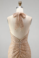 Load image into Gallery viewer, Sparkly Champagne Halter Ruched Sequin Long Gala Dress with Slit
