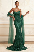 Load image into Gallery viewer, Sparkly Dark Green Strapless Mermaid Sequin Long Gala Dress with Shawl