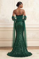 Load image into Gallery viewer, Sparkly Dark Green Strapless Mermaid Sequin Long Gala Dress with Shawl