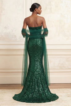 Sparkly Dark Green Strapless Mermaid Sequin Long Gala Dress with Shawl