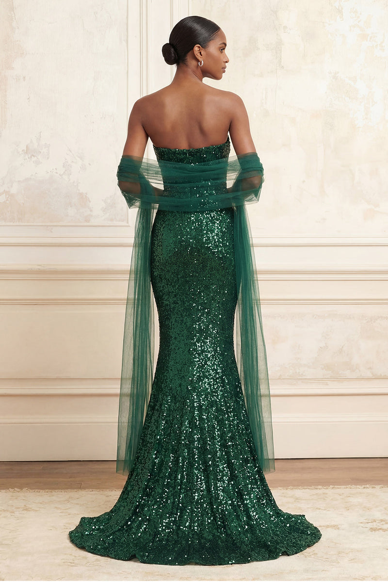 Load image into Gallery viewer, Sparkly Dark Green Strapless Mermaid Sequin Long Gala Dress with Shawl