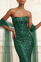 Load image into Gallery viewer, Sparkly Dark Green Strapless Mermaid Sequin Long Gala Dress with Shawl