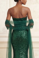 Load image into Gallery viewer, Sparkly Dark Green Strapless Mermaid Sequin Long Gala Dress with Shawl