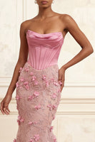 Load image into Gallery viewer, Pink Floral Basque Waist Corset Long Strapless Mermaid Gala Dress