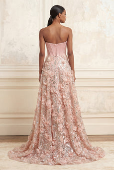 Sparkly Blush Floral Strapless A Line Beaded Long Corset Gala Dress