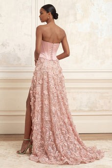 Sparkly Blush Strapless Beaded A Line Long Floral Corset Gala Dress with Slit