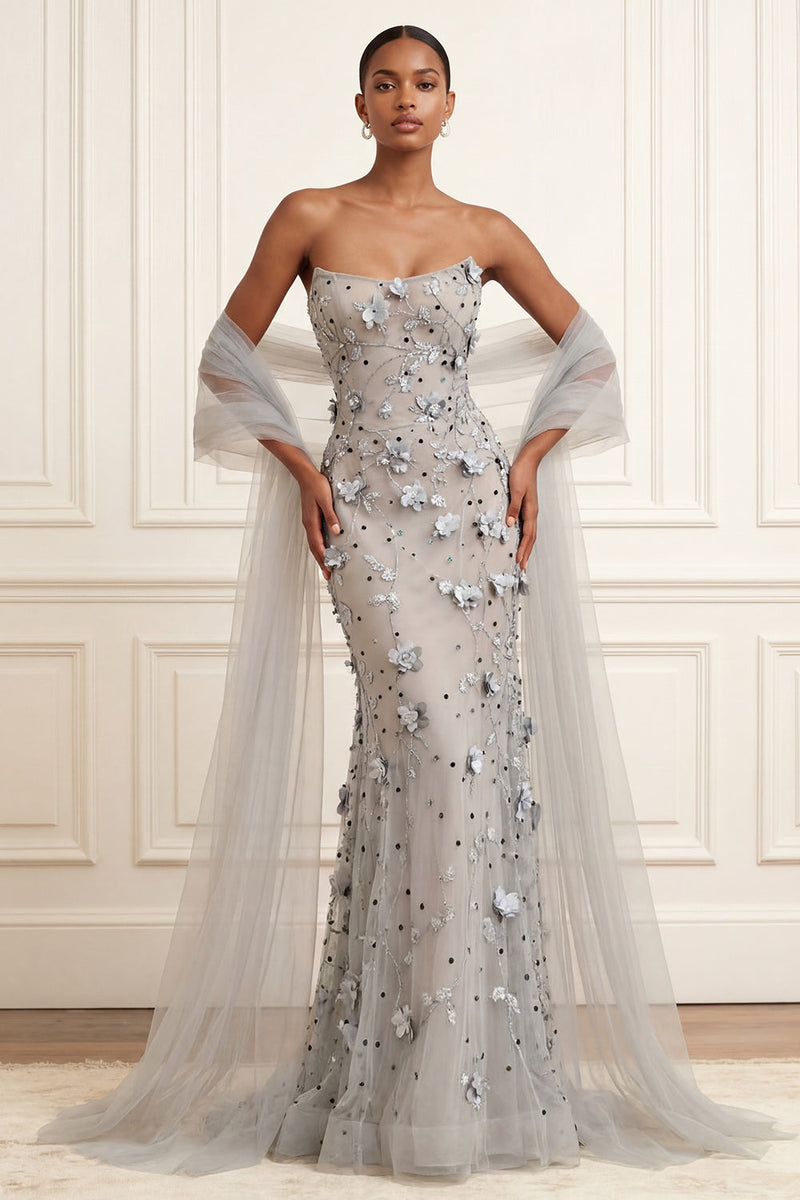Load image into Gallery viewer, Floral Silver Strapless Long Mermaid Gala Dress with Shawl