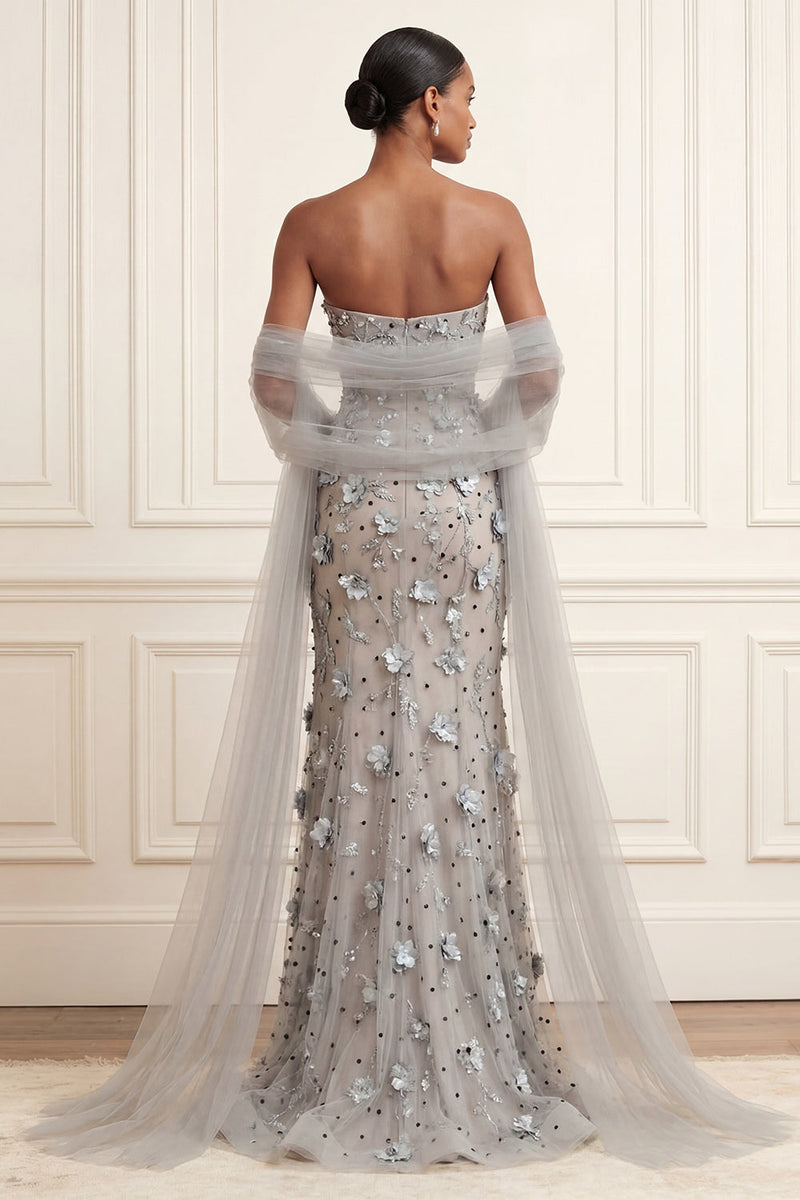 Load image into Gallery viewer, Floral Silver Strapless Long Mermaid Gala Dress with Shawl