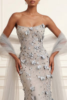 Load image into Gallery viewer, Floral Silver Strapless Long Mermaid Gala Dress with Shawl