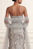 Load image into Gallery viewer, Floral Silver Strapless Long Mermaid Gala Dress with Shawl