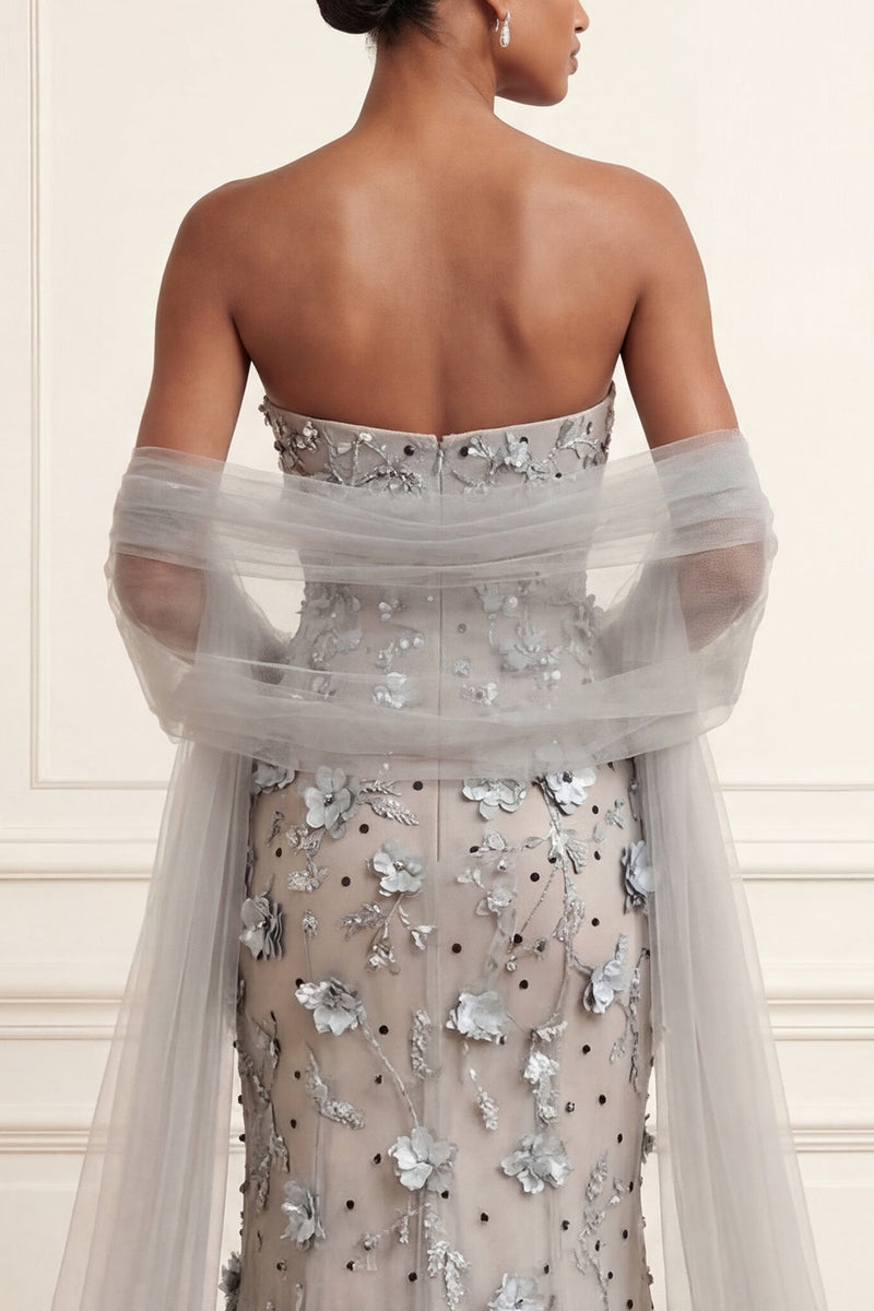Load image into Gallery viewer, Floral Silver Strapless Long Mermaid Gala Dress with Shawl