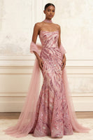 Load image into Gallery viewer, Sparkly Pink Strapless Long Mermaid Beaded Gala Dress with Shawl