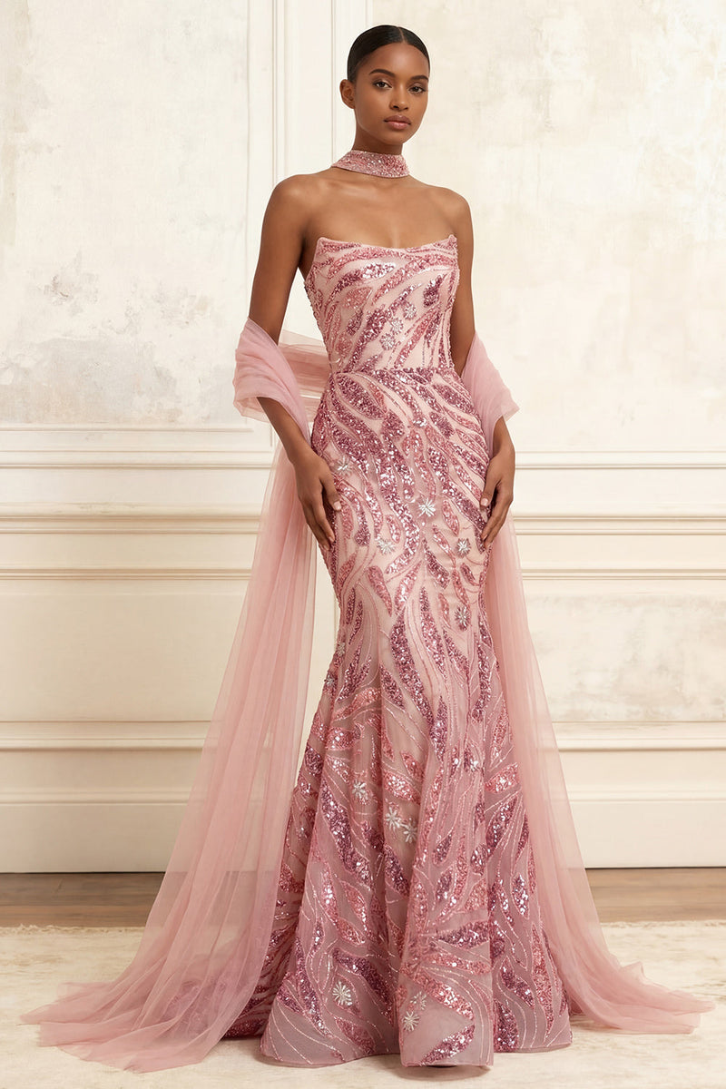 Load image into Gallery viewer, Sparkly Pink Strapless Long Mermaid Beaded Gala Dress with Shawl