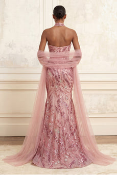 Sparkly Pink Strapless Long Mermaid Beaded Gala Dress with Shawl