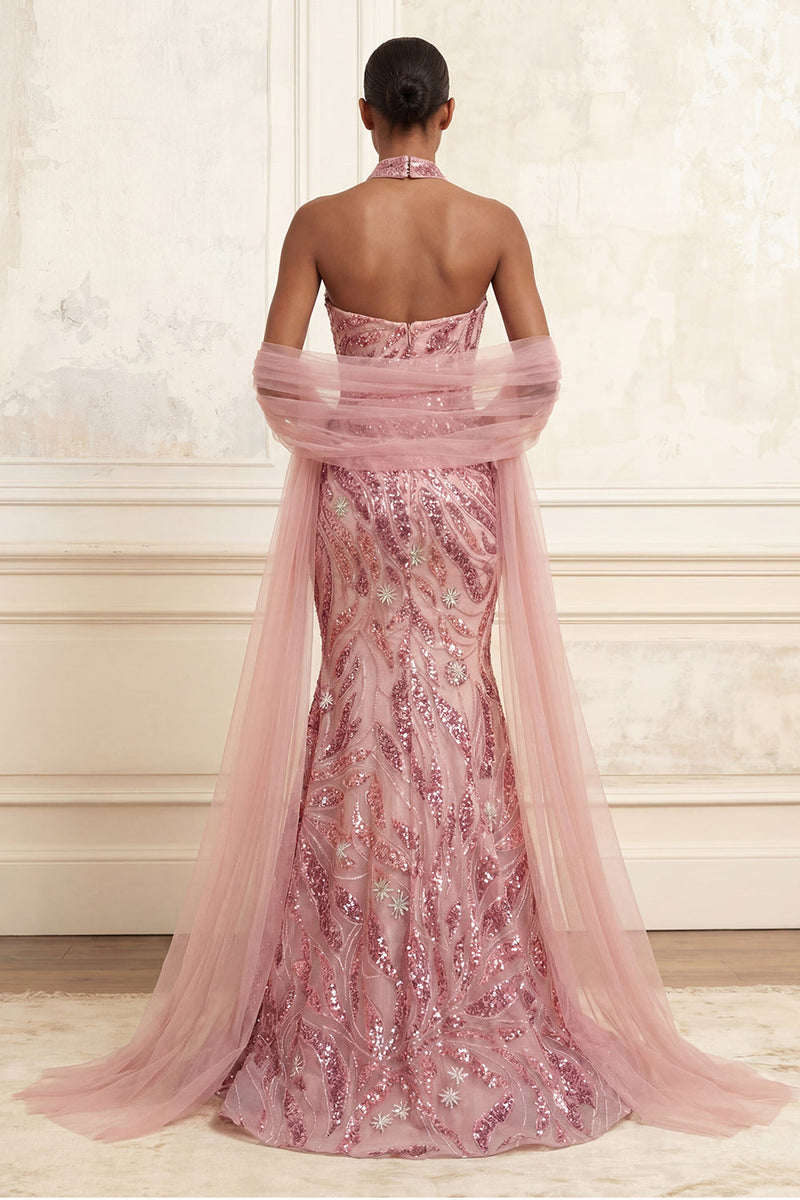 Load image into Gallery viewer, Sparkly Pink Strapless Long Mermaid Beaded Gala Dress with Shawl