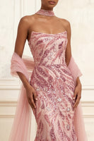Load image into Gallery viewer, Sparkly Pink Strapless Long Mermaid Beaded Gala Dress with Shawl