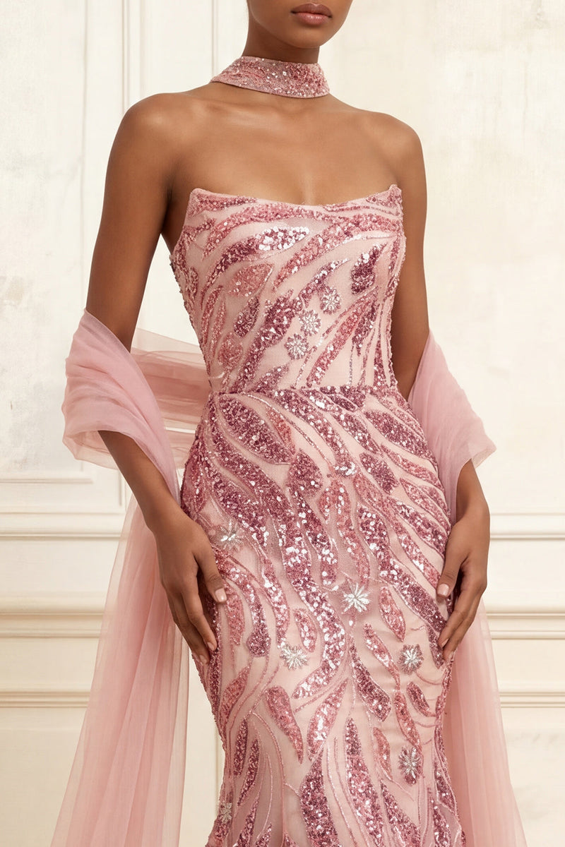 Load image into Gallery viewer, Sparkly Pink Strapless Long Mermaid Beaded Gala Dress with Shawl