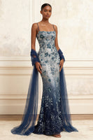 Load image into Gallery viewer, Sparkly Navy Spaghetti Straps Long Floral Beaded Gala Dress with Shawl