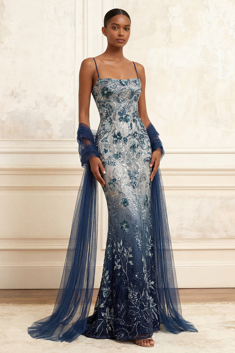 Load image into Gallery viewer, Sparkly Navy Spaghetti Straps Long Floral Beaded Gala Dress with Shawl