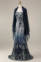 Load image into Gallery viewer, Sparkly Navy Spaghetti Straps Long Floral Beaded Gala Dress with Shawl