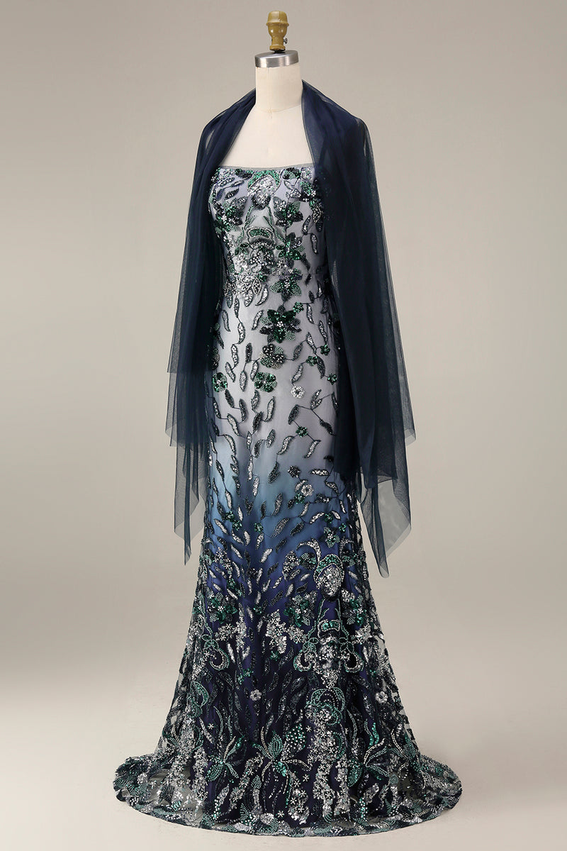 Load image into Gallery viewer, Sparkly Navy Spaghetti Straps Long Floral Beaded Gala Dress with Shawl