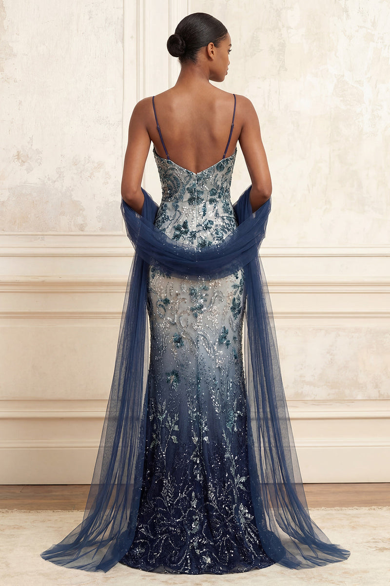Load image into Gallery viewer, Sparkly Navy Spaghetti Straps Long Floral Beaded Gala Dress with Shawl