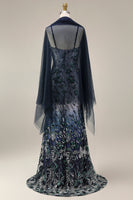 Load image into Gallery viewer, Sparkly Navy Spaghetti Straps Long Floral Beaded Gala Dress with Shawl