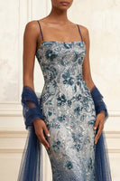 Load image into Gallery viewer, Sparkly Navy Spaghetti Straps Long Floral Beaded Gala Dress with Shawl