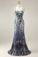 Load image into Gallery viewer, Sparkly Navy Spaghetti Straps Long Floral Beaded Gala Dress with Shawl