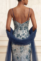 Load image into Gallery viewer, Sparkly Navy Spaghetti Straps Long Floral Beaded Gala Dress with Shawl