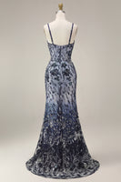 Load image into Gallery viewer, Sparkly Navy Spaghetti Straps Long Floral Beaded Gala Dress with Shawl