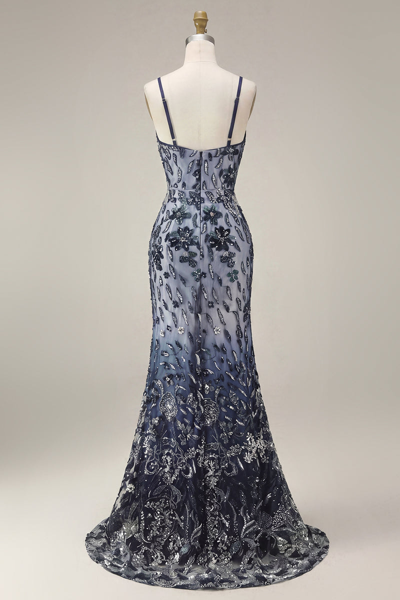 Load image into Gallery viewer, Sparkly Navy Spaghetti Straps Long Floral Beaded Gala Dress with Shawl