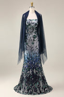 Load image into Gallery viewer, Sparkly Navy Spaghetti Straps Long Floral Beaded Gala Dress with Shawl
