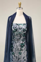 Load image into Gallery viewer, Sparkly Navy Spaghetti Straps Long Floral Beaded Gala Dress with Shawl