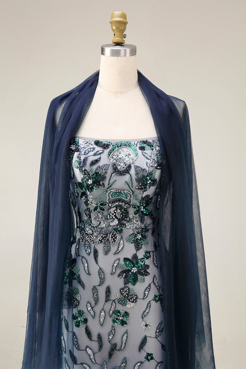 Load image into Gallery viewer, Sparkly Navy Spaghetti Straps Long Floral Beaded Gala Dress with Shawl