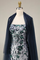 Load image into Gallery viewer, Sparkly Navy Spaghetti Straps Long Floral Beaded Gala Dress with Shawl