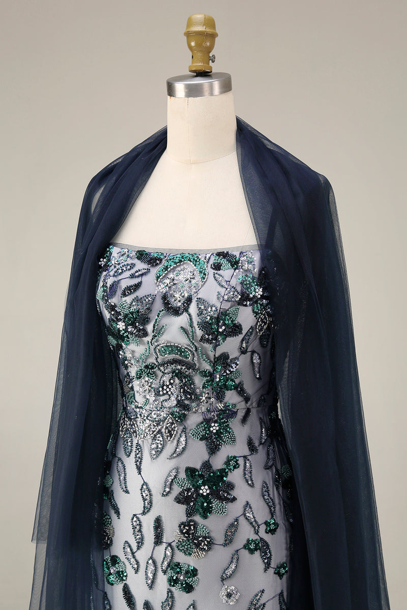 Load image into Gallery viewer, Sparkly Navy Spaghetti Straps Long Floral Beaded Gala Dress with Shawl