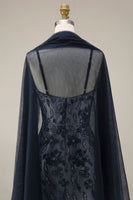 Load image into Gallery viewer, Sparkly Navy Spaghetti Straps Long Floral Beaded Gala Dress with Shawl