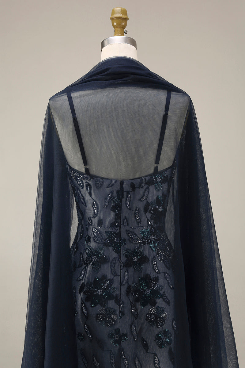 Load image into Gallery viewer, Sparkly Navy Spaghetti Straps Long Floral Beaded Gala Dress with Shawl